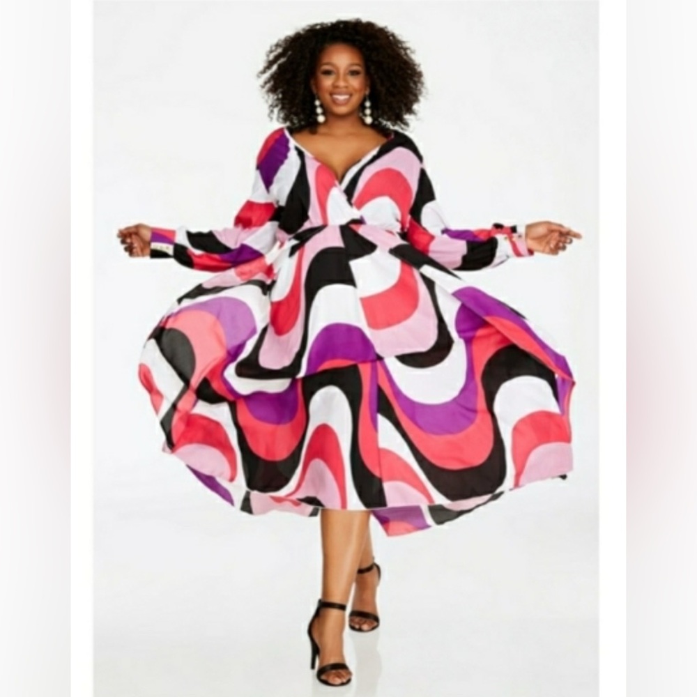Ashley Stewart Multi-Color Wave Print Long Sleeve Midi Dress